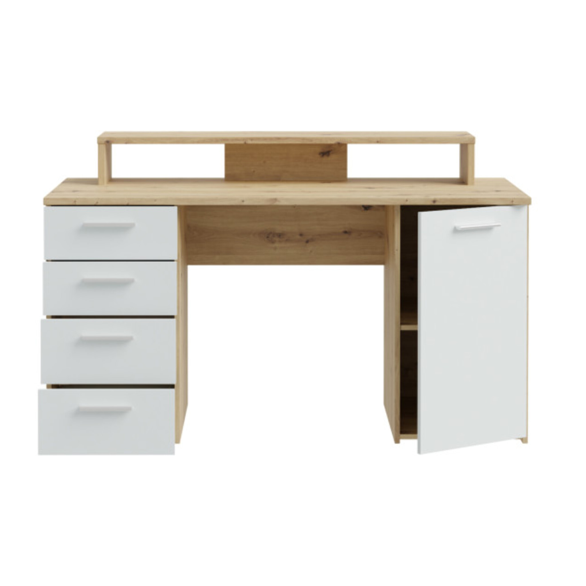 Bureau L145cm 4 tiroirs 1 porte 1 tablette décor gris et chêne - ELENA