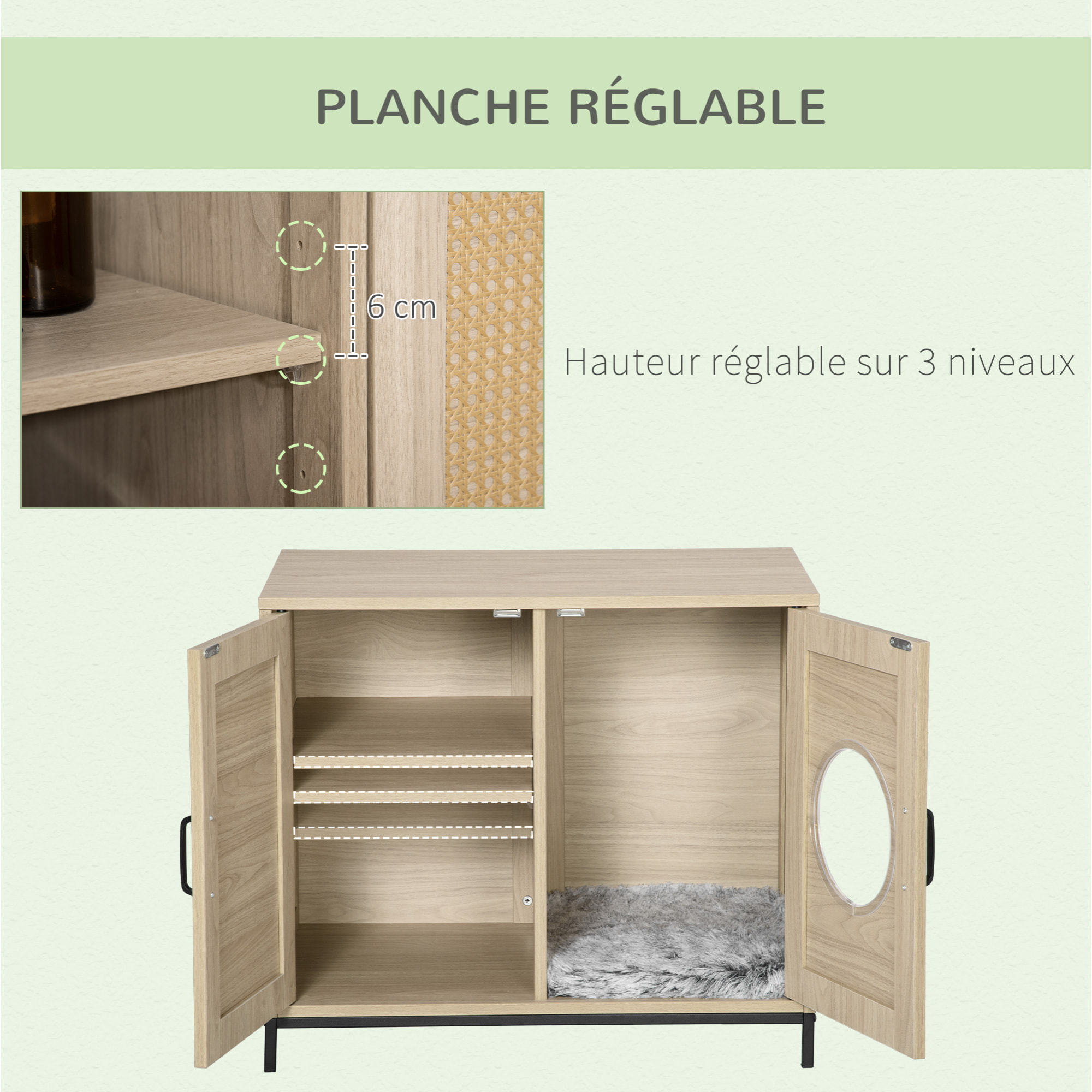 PawHut Meuble maison de toilette pour chat 2 en 1 avec double porte châssis Acier Panneaux Particules Aspect Bois Clair