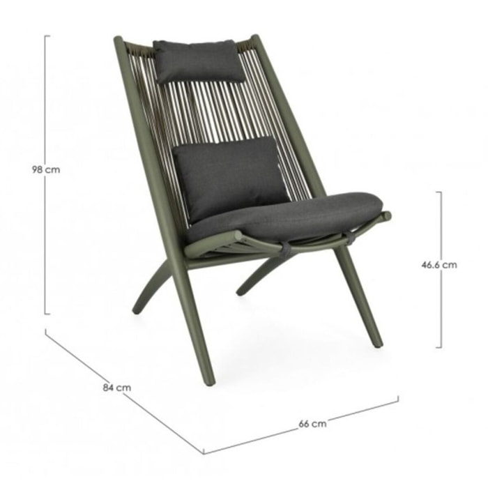 Set di 4 poltrone ALOHA in alluminio verde e intreccio di corda verde, con cuscini