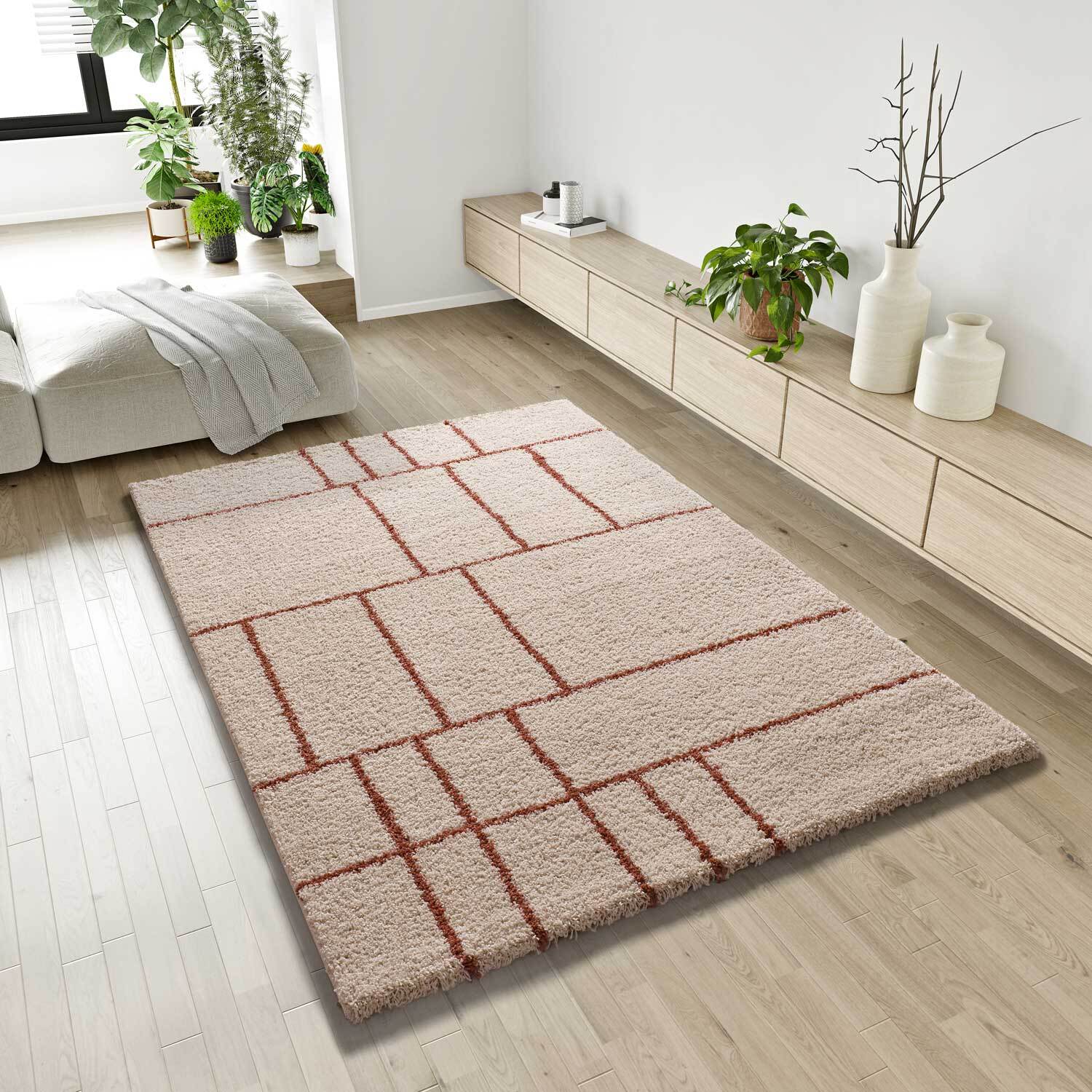 HELIA Alfombra shaggy geométrica en beige y motivos caldera, varias medidas disponibles