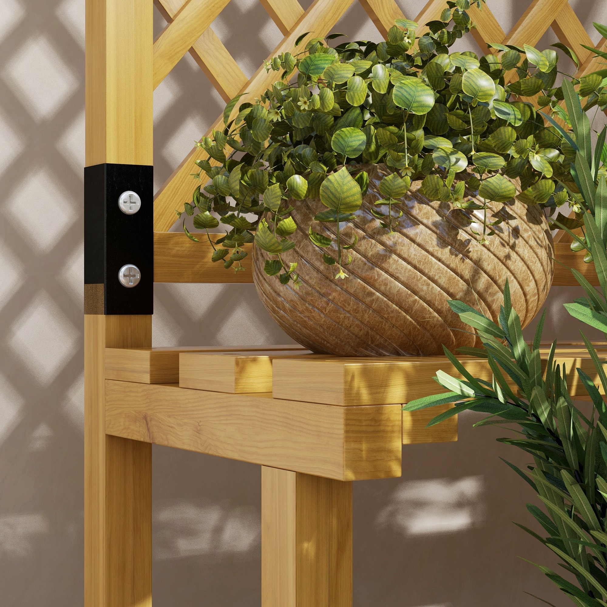 Soporte para Plantas de Madera Estantería para Plantas de 2 Niveles Soporte para Macetas Exterior con Enrejado para Jardín Patio Terraza 60x50x166 cm Natural