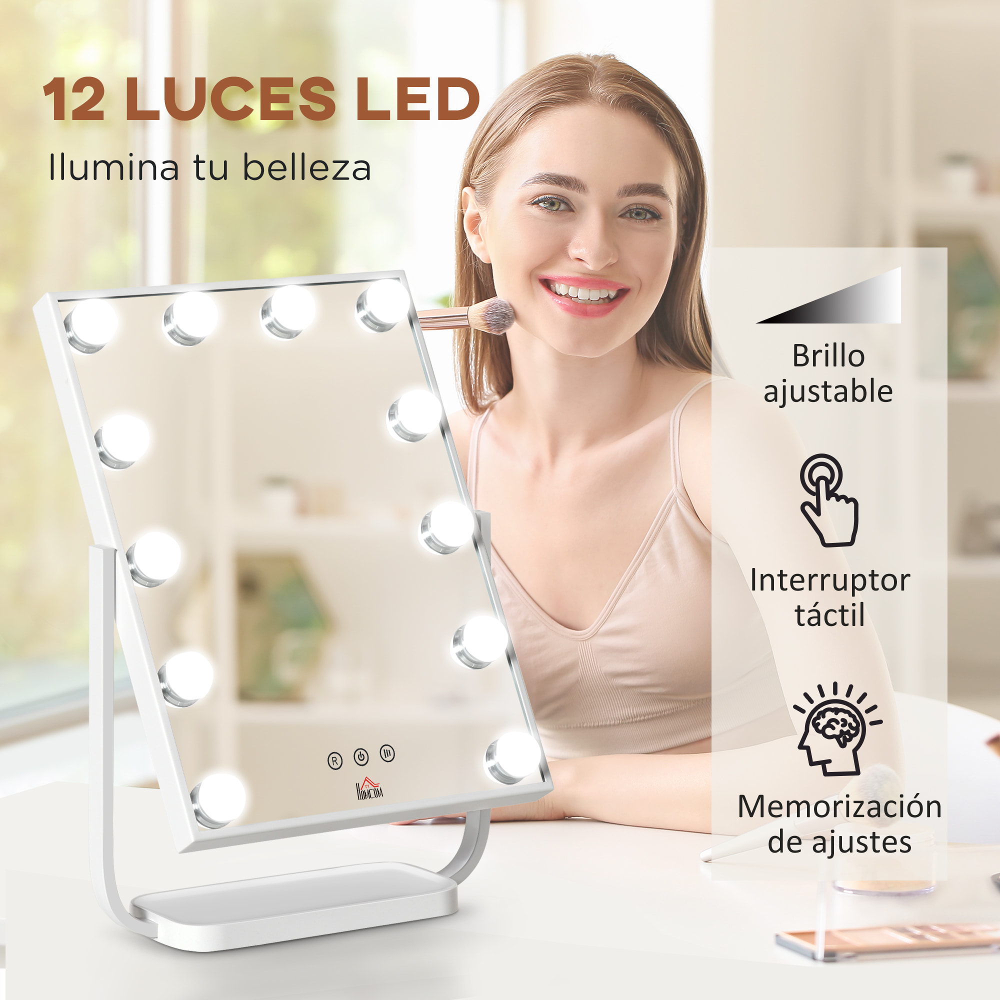 HOMCOM Espejo de Maquillaje con Luz Espejo Hollywood de Mesa con 12 LED 3 Modos y Luz Ajustable Pantalla Táctil y Función de Memoria para Dormitorio Baño 32,8x11x47,4 cm Blanco