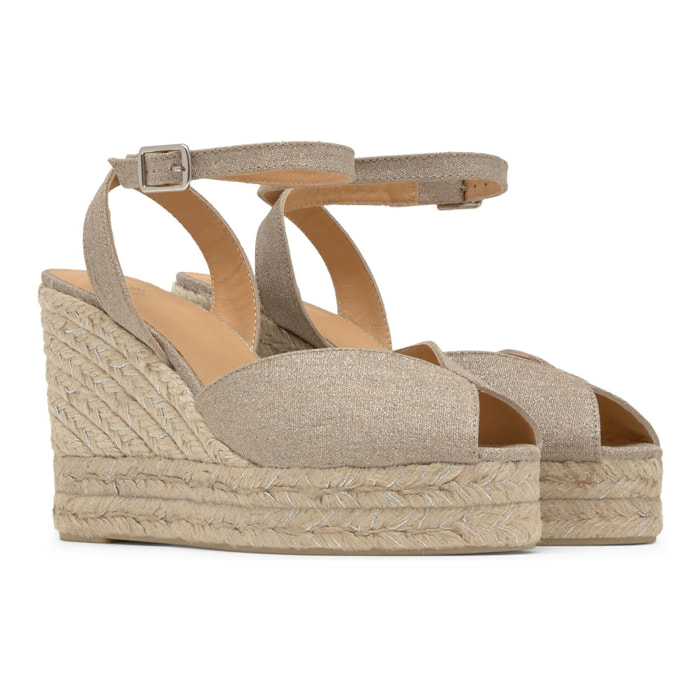 Sandalias de cuña de mujer Blossom en lino metalizado con cierre de pulsera