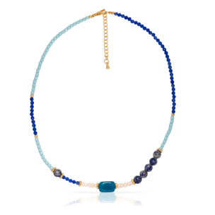 Nox Collar de perlas naturales, cristal con diseño de ojo de gato y piedra natural con vetas azules, con cierre de mosquetón.