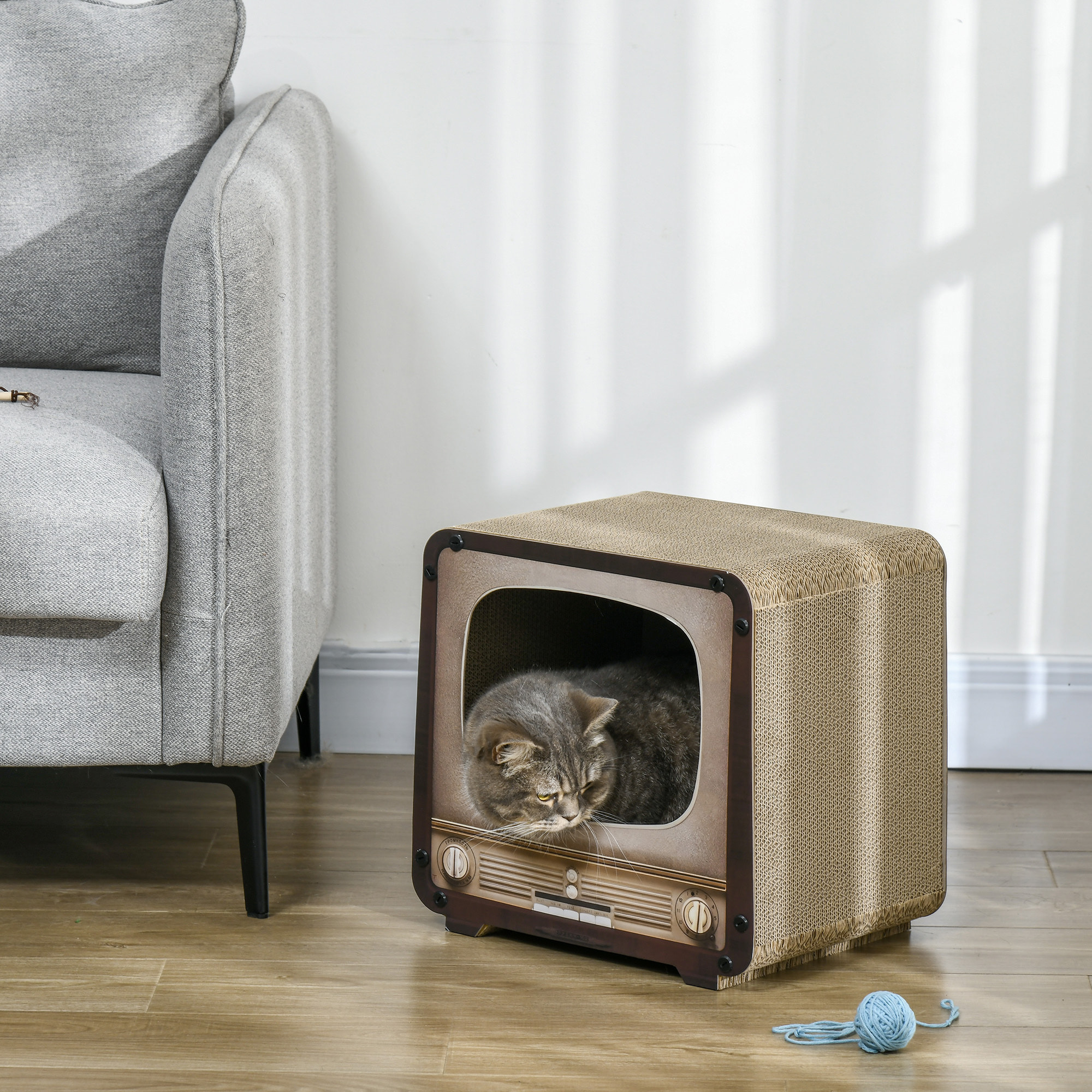 Grattoir niche chat 2 en 1 design télévision vintage 39 x 29 x 37 cm marron