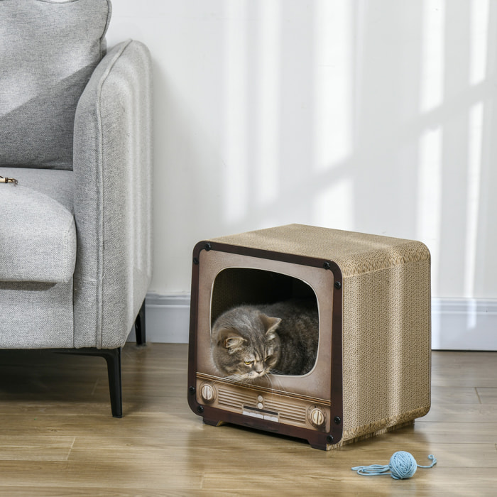 Grattoir niche chat 2 en 1 design télévision vintage 39 x 29 x 37 cm marron