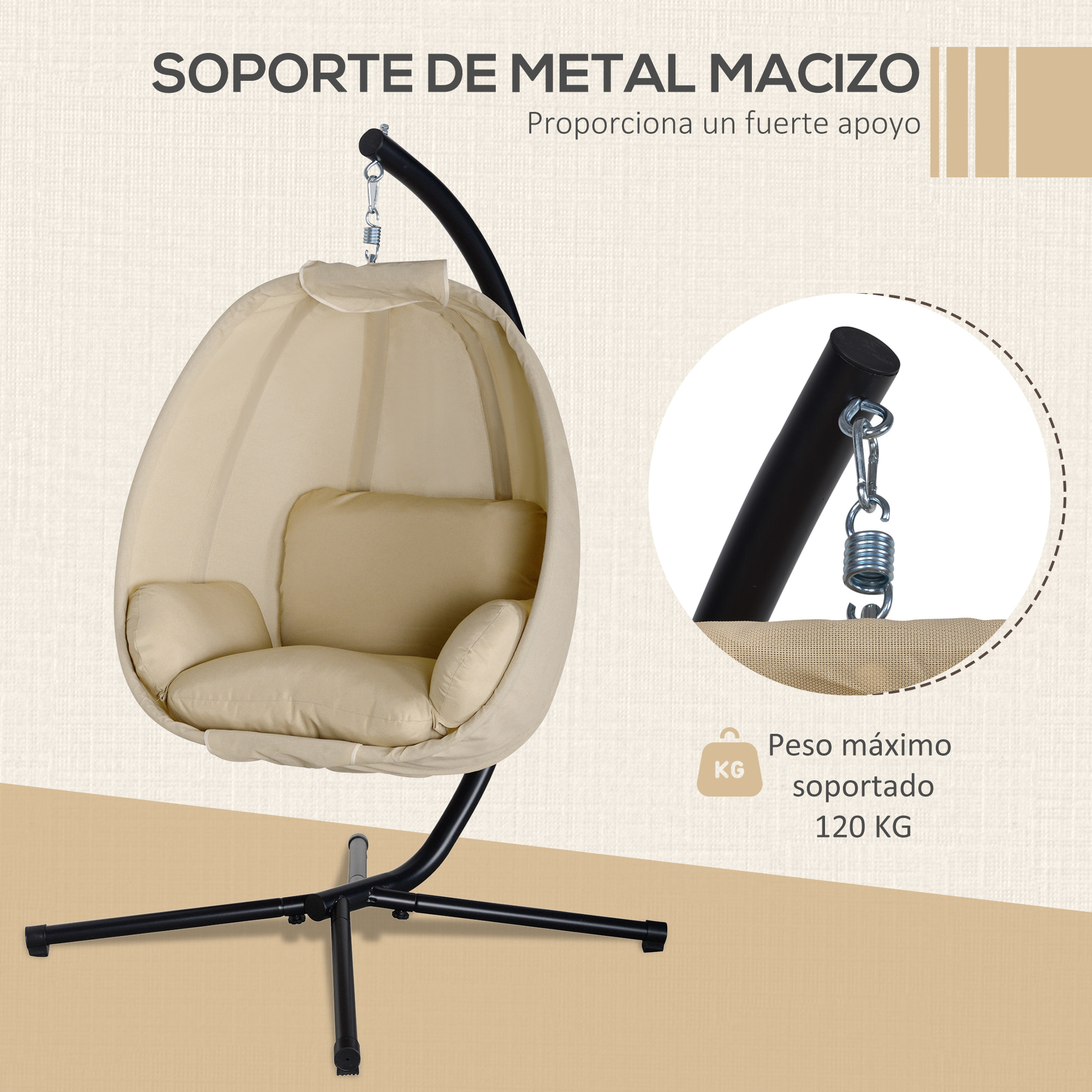 Silla Colgante Huevo con Soporte Columpio Jardín Exterior con Cesta Plegable y Cojín Columpio Colgante para Interior y Exterior Carga 120 kg Caqui