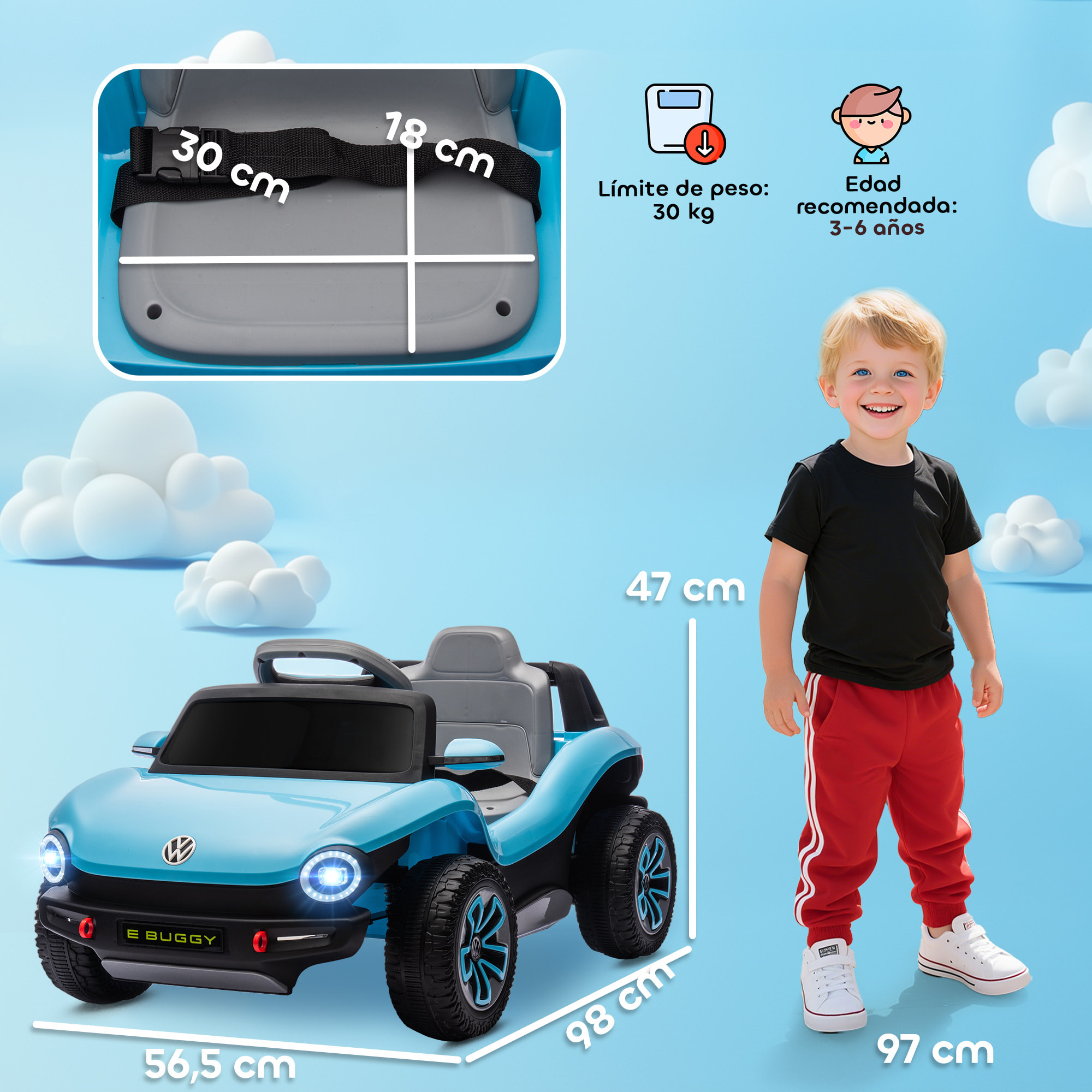 Coche Eléctrico para Niños de +3 Años, Volkswagen E-Buggy, Coche de Batería 12V, con Mando a Distancia 2,4 G, Ruedas con Suspensión, Faros LED, Música, USB, Motor Doble, Azul