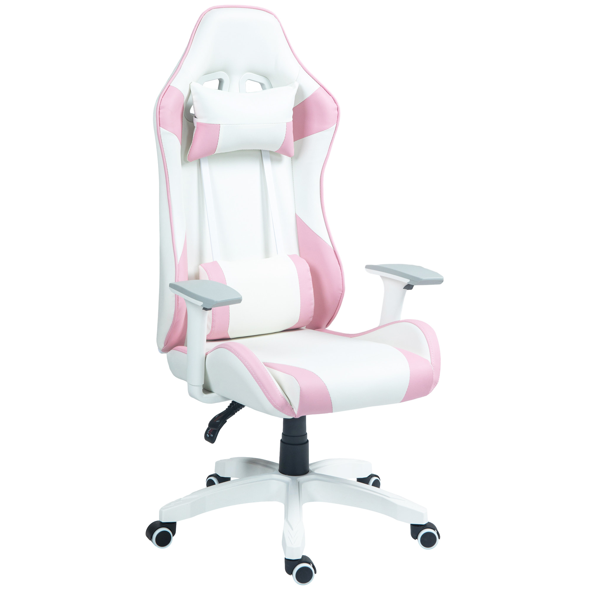 HOMCOM Silla Gaming Reclinable Silla Gamer Giratoria con Cojín Lumbar Reposabrazos Ajustable Reposacabezas Extraíble Basculante y Altura Ajustable para Oficina Estudio 67x60x120-128 cm Blanco y Rosa