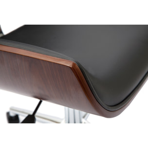 Chaise de bureau à roulettes design noir, bois foncé noyer et acier chromé RUBBENS