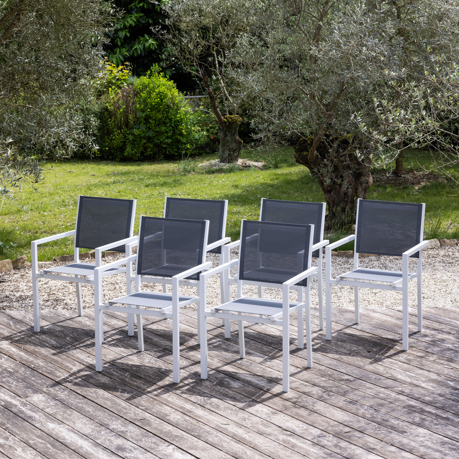 Lot de 6 chaises en aluminium blanc - textilène gris