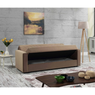 Divano letto Jorge, Divano letto contenitore a 3 posti lineare con 2 cuscini inclusi, Sofà da soggiorno in tessuto imbottito con apertura click-clack, 214x81xh89 cm, Beige