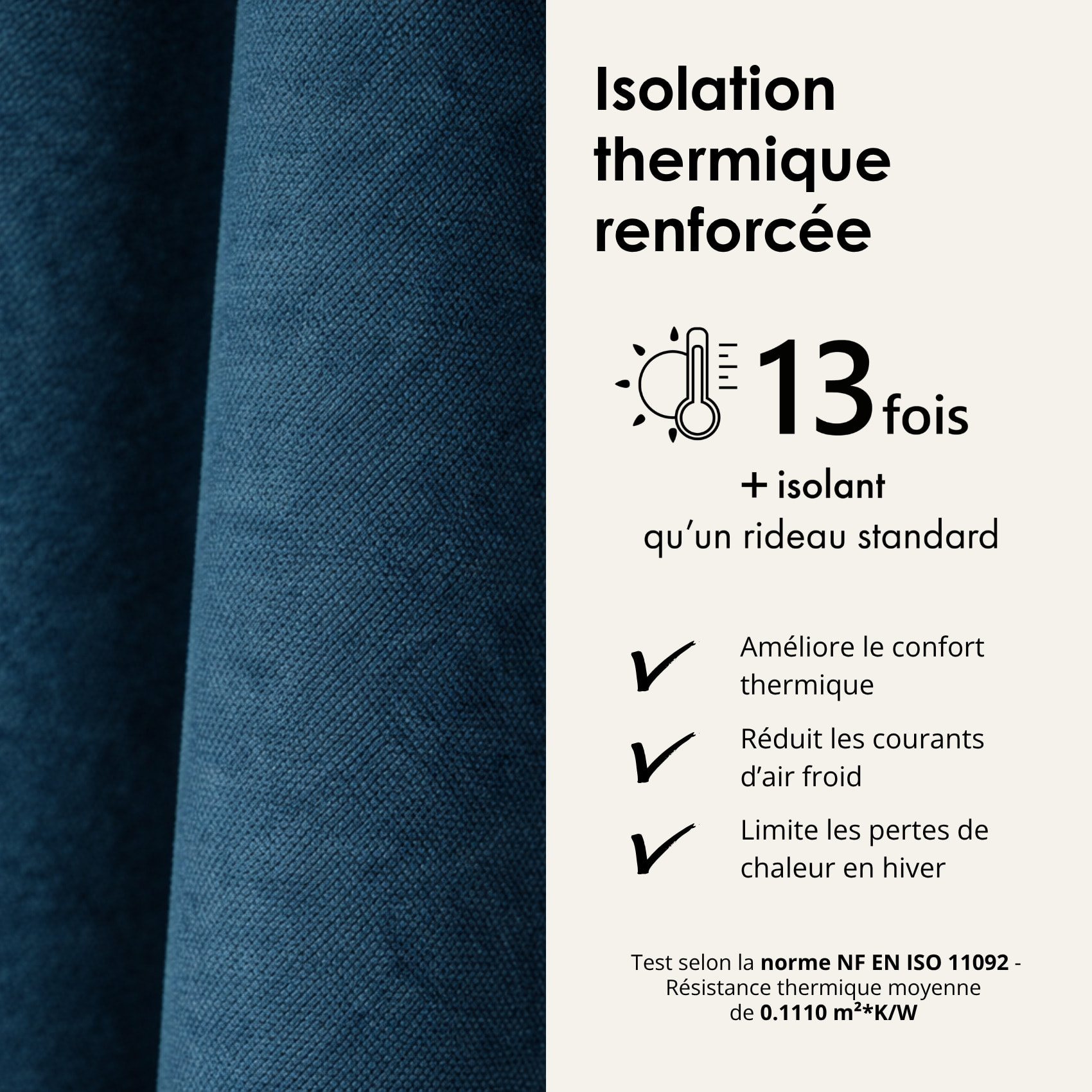 Rideau thermique phonique et semi occultant à galons fronceurs KONFOR - Bleu Paon
