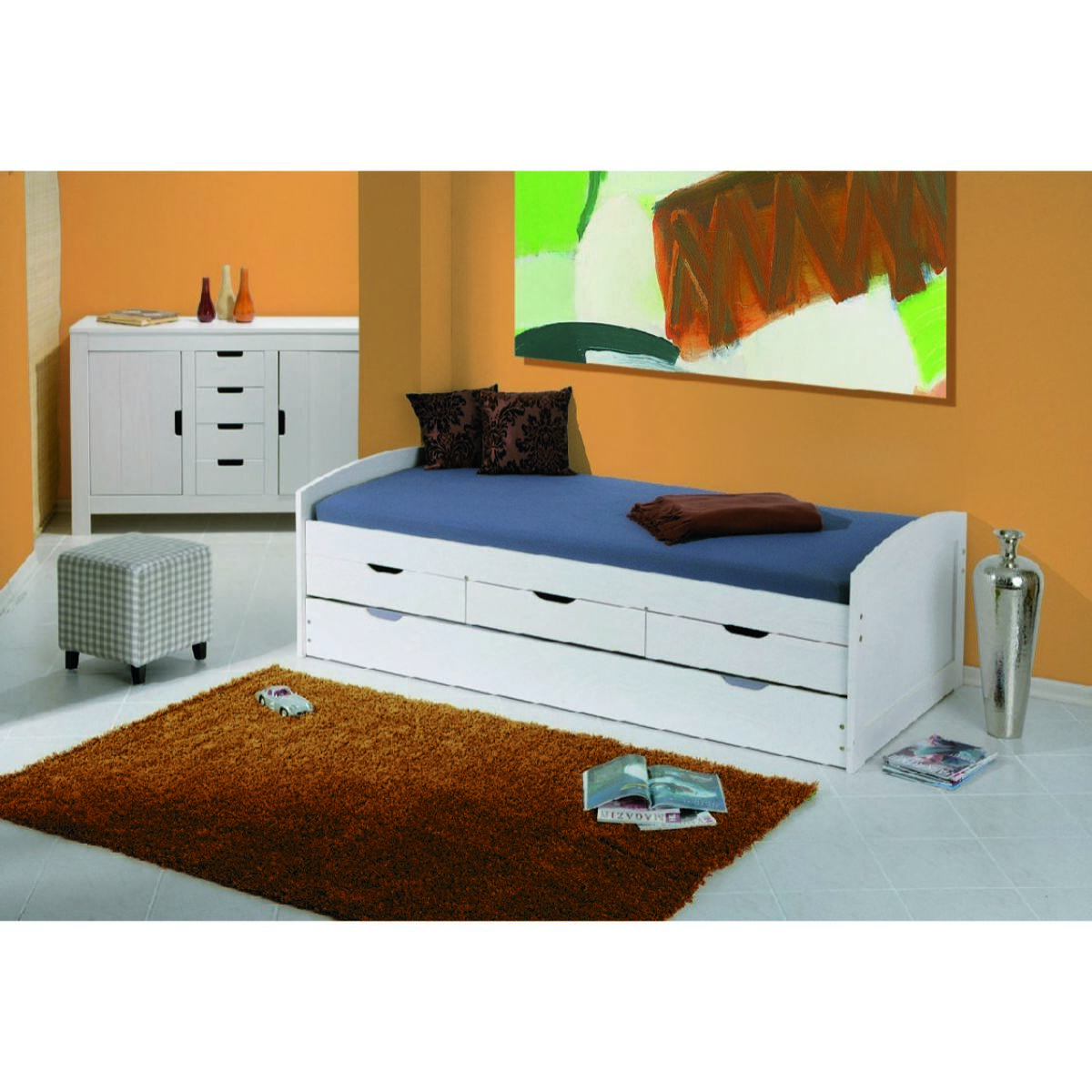 Letto singolo con letto estraibile inferiore e tre cassetti, colore bianco, cm 98 x 63 x 195