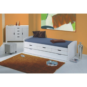 Letto singolo con letto estraibile inferiore e tre cassetti, colore bianco, cm 98 x 63 x 195