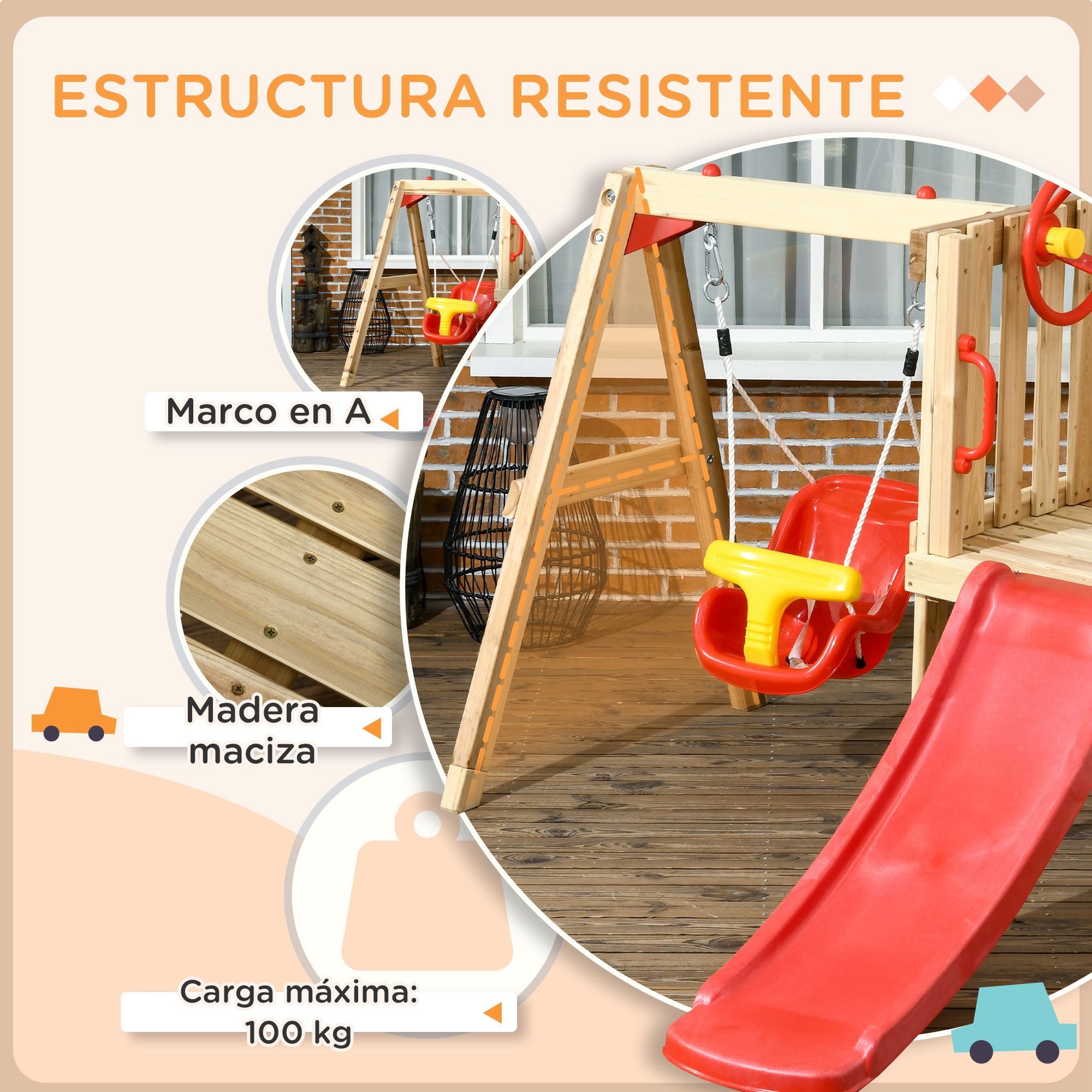 Juego de Tobogán y Columpio para Niños de 18-48 Meses 4 en 1 Parque Infantil de Madera con Columpio Tobogán Volante Bocina Teléfono para Patio Césped 170x200x118 cm Rojo y Natural