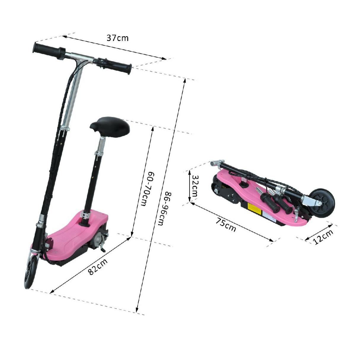 Trottinette électrique 120 W pliable pour enfants à partir de 7 ans hauteur de guidon et selle réglable 12 Km/h max. rose noir