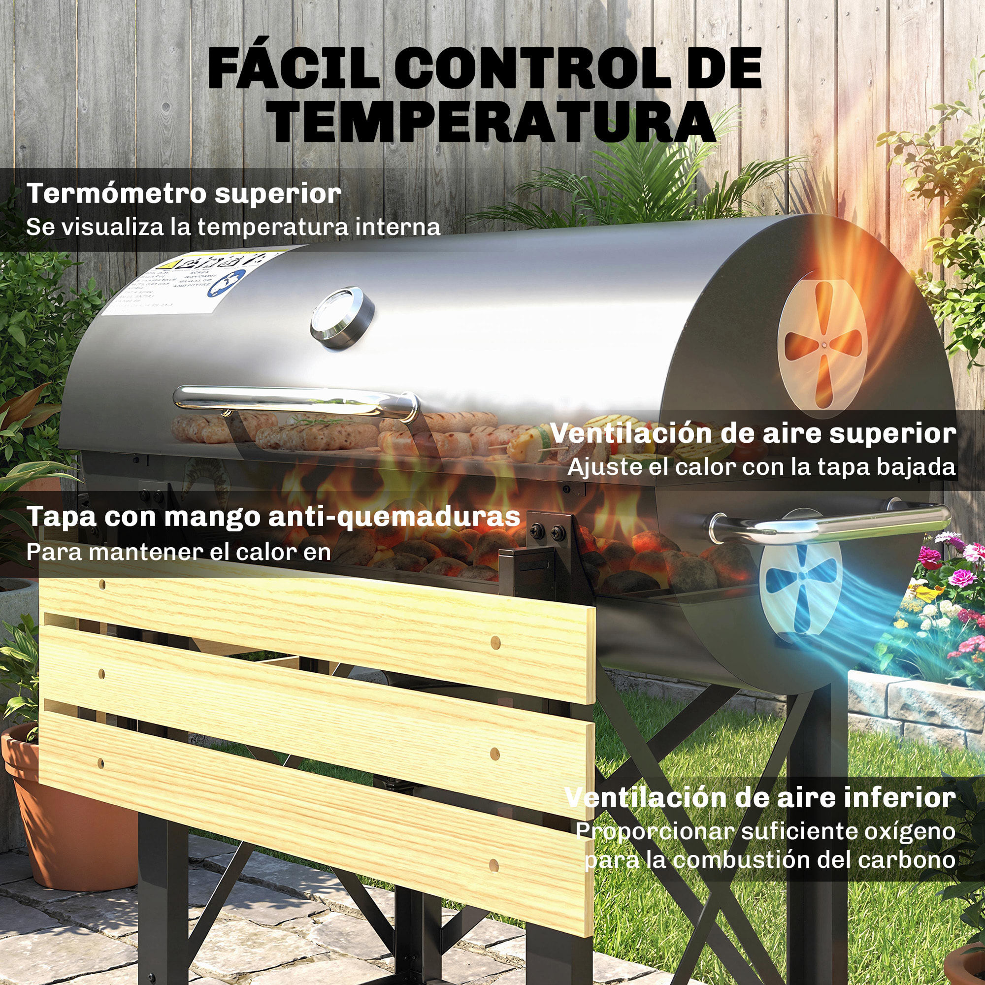 Barbacoa de Carbón Portátil, Barbacoa de Carbón Móvil con Estantes Plegables, Termómetro, Tapa, Ventilaciones Ajustables, Recoge Cenizas, Ruedas, Asa, 109x71x98 cm, Negro y Madera Natural