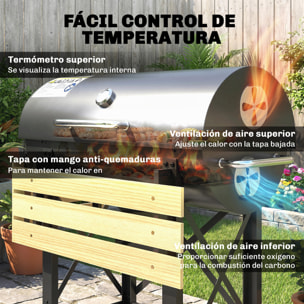 Barbacoa de Carbón Portátil, Barbacoa de Carbón Móvil con Estantes Plegables, Termómetro, Tapa, Ventilaciones Ajustables, Recoge Cenizas, Ruedas, Asa, 109x71x98 cm, Negro y Madera Natural