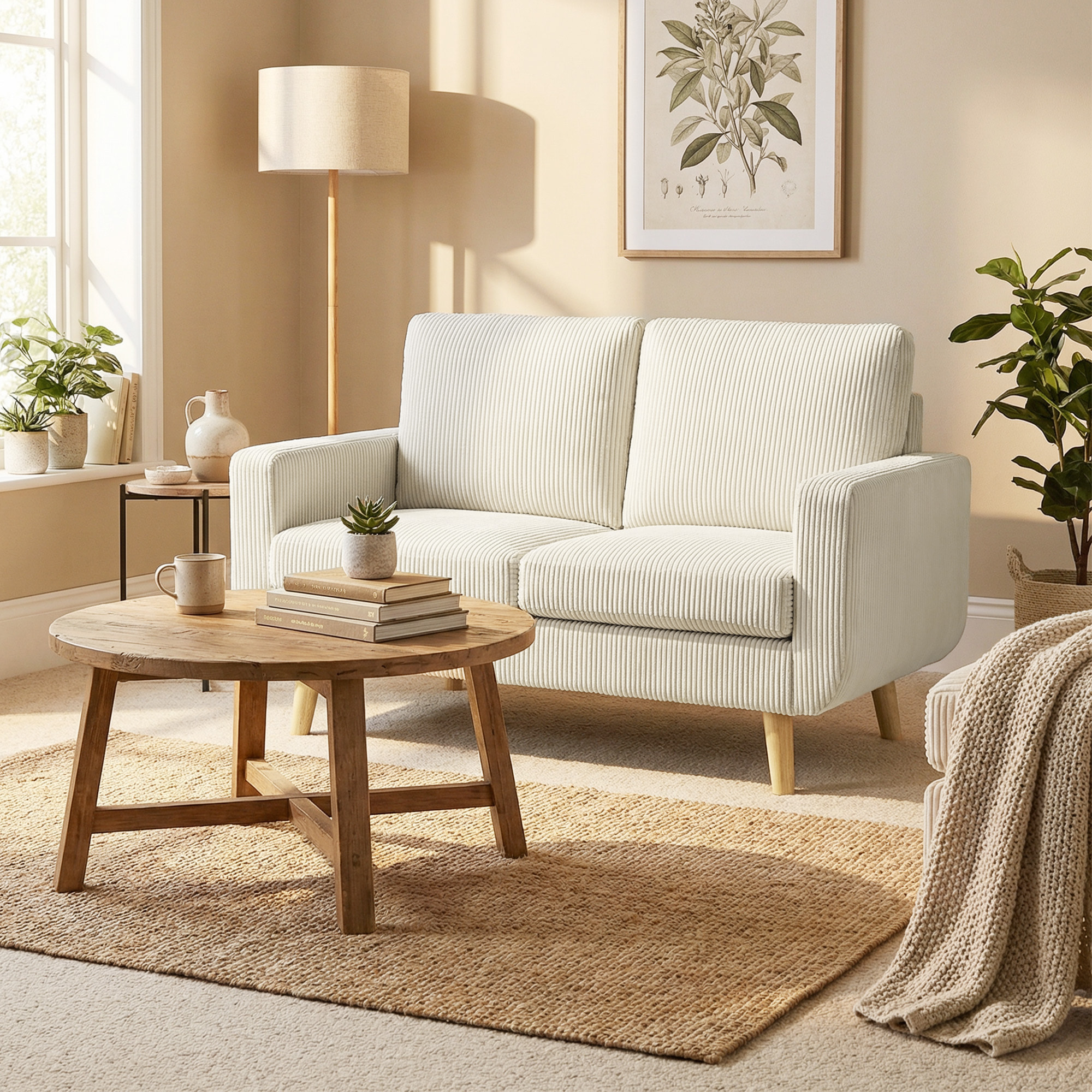 Sofá de 2 Plazas, Tapizado en Pana, Sofá Moderno con Acolchado y Respaldo Grueso, Cojines de Resortes, Patas de Madera, para Dormitorio, Oficina, Sala de Estar, 134x74x84 cm, Blanco Crema