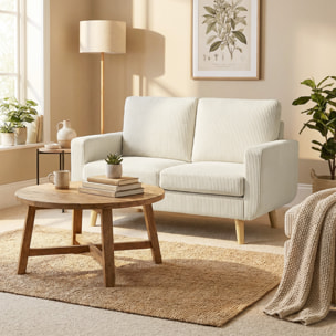 Sofá de 2 Plazas, Tapizado en Pana, Sofá Moderno con Acolchado y Respaldo Grueso, Cojines de Resortes, Patas de Madera, para Dormitorio, Oficina, Sala de Estar, 134x74x84 cm, Blanco Crema