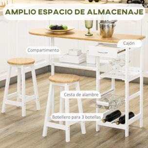 Set de Mesa de Bar con 1 Cajón 2 Estantes Cesta Extraíble y Botellero Juego de Muebles con Mesa Alta de 119x38,5x88,5 cm y 2 Taburetes de 29x29x55 cm para Comedor Cocina Blanco