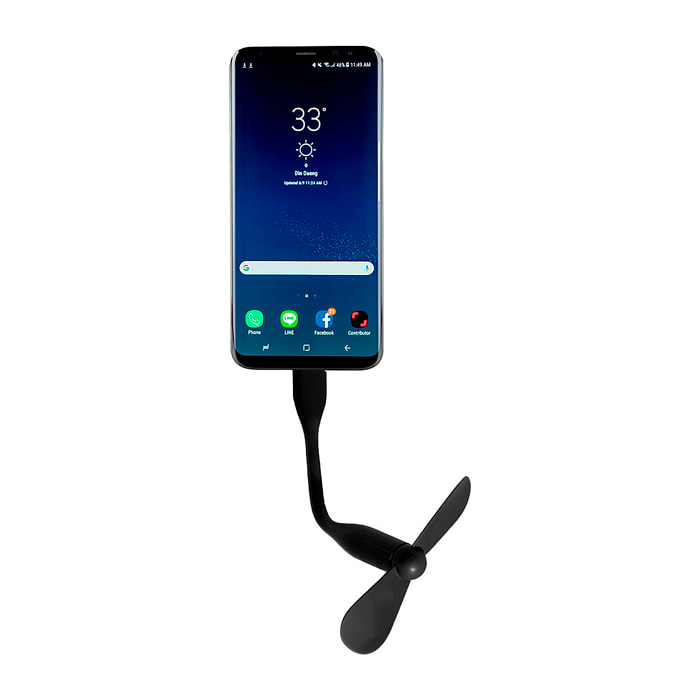 Ventilador flexible compatible con USB-C, con cuello orientable para dirigir el flujo de aire. Compacto, ligero y sin necesidad de baterías, ideal para smartphones, portátiles y baterías externas.