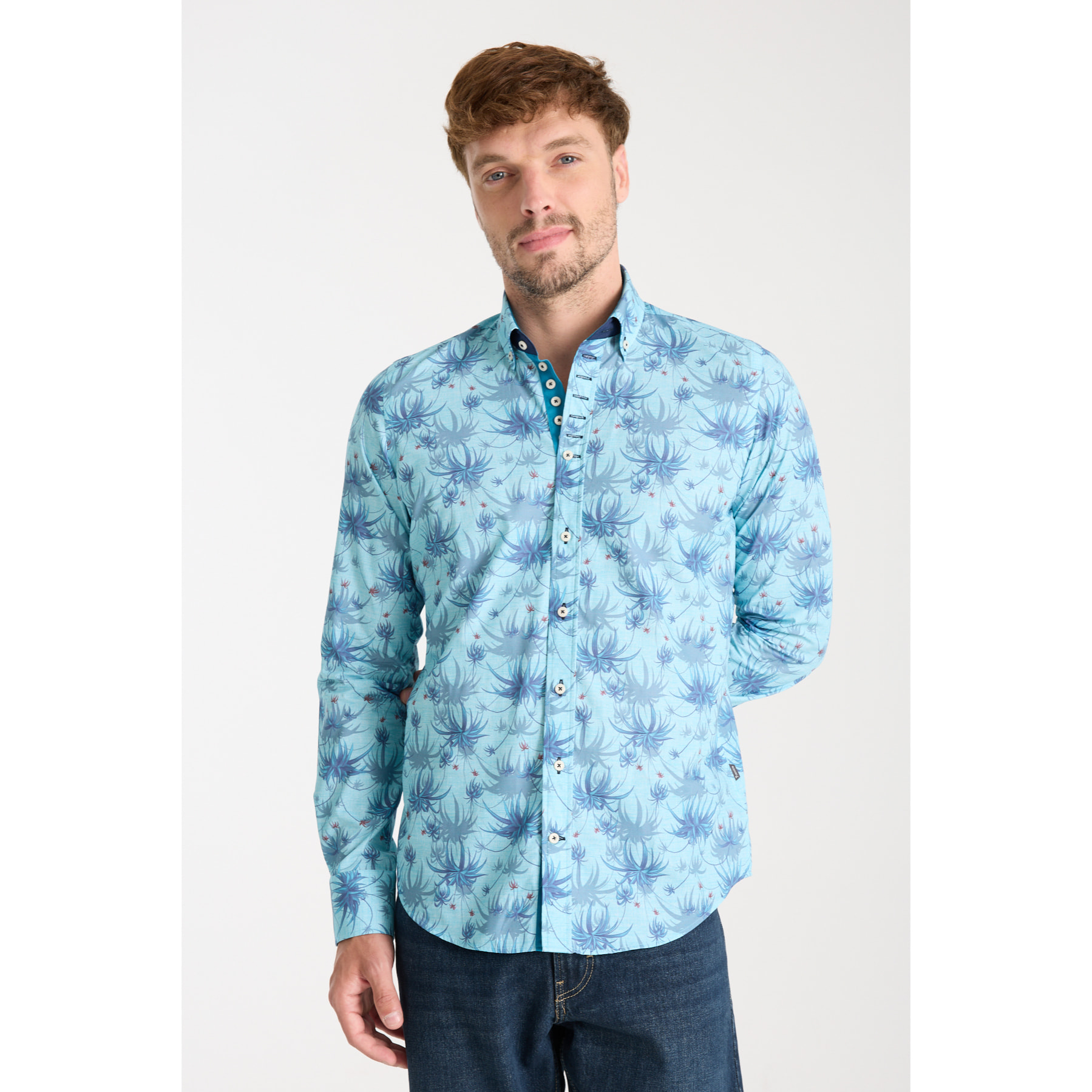 Camicia Uomo 1 Bottoni Button Down Slim Popeline Stampato Turchese/Blu