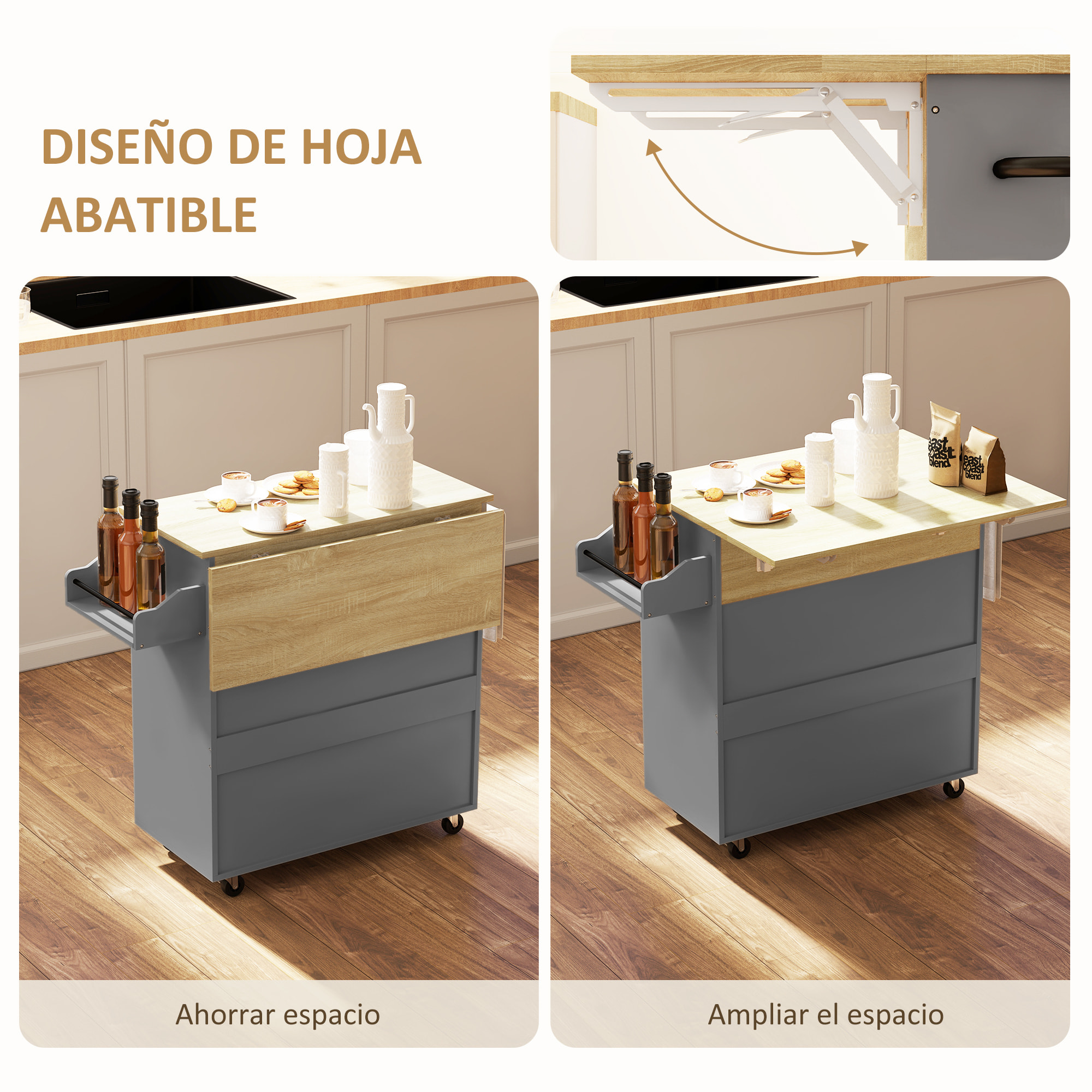 Isla de Cocina con Ala Abatible Carrito de Cocina Mueble Auxiliar de Cocina con Ruedas 2 Puertas Cajón Especiero Toallero y Estante Ajustable 106x42x87 cm Gris y Roble