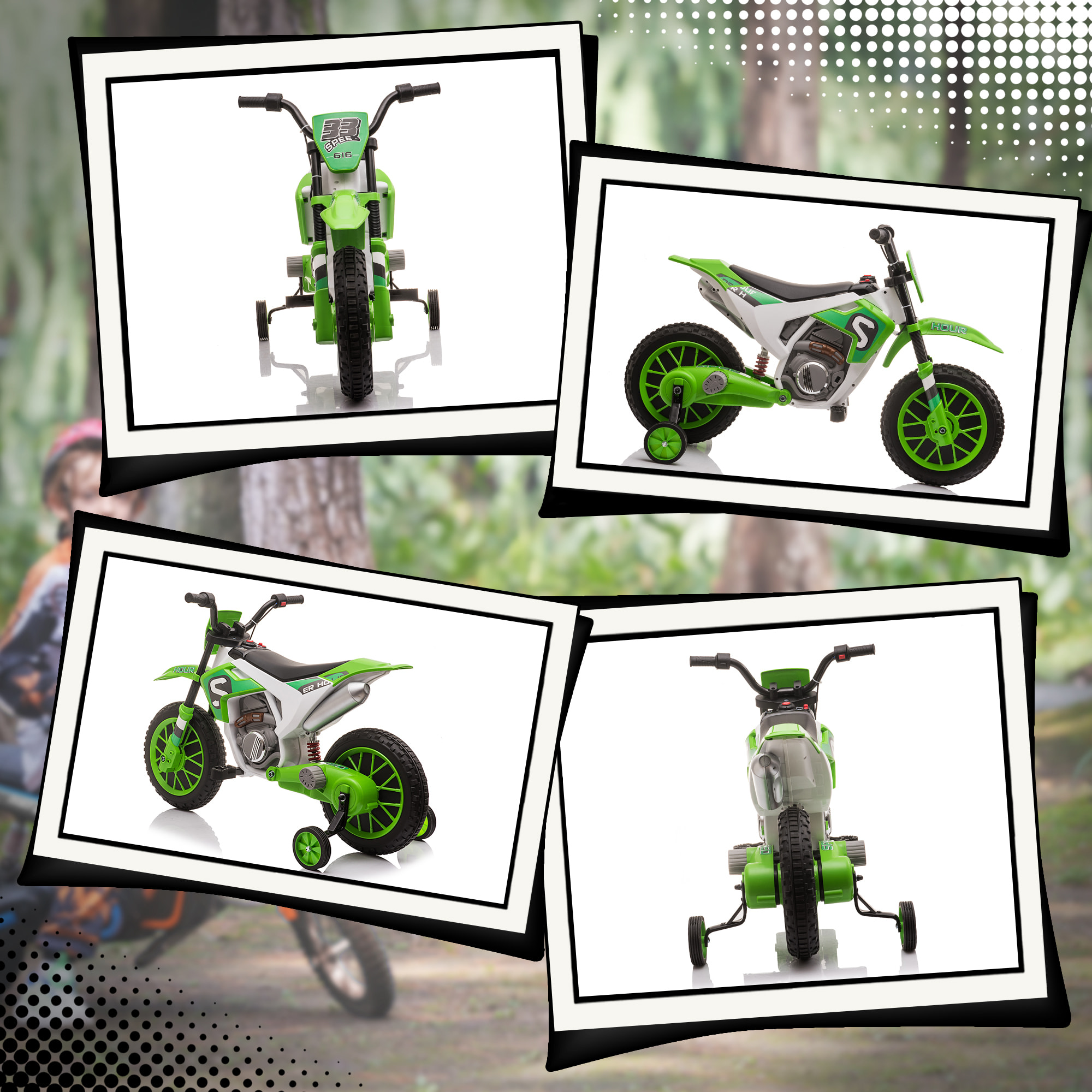 Moto Eléctrica para Niños de +3 Años 12V Moto de Juguete Infantil con 2 Ruedas de Equilibrio Velocidad 3-8 km/h Arranque Suave 106,5x51,5x68 cm Verde