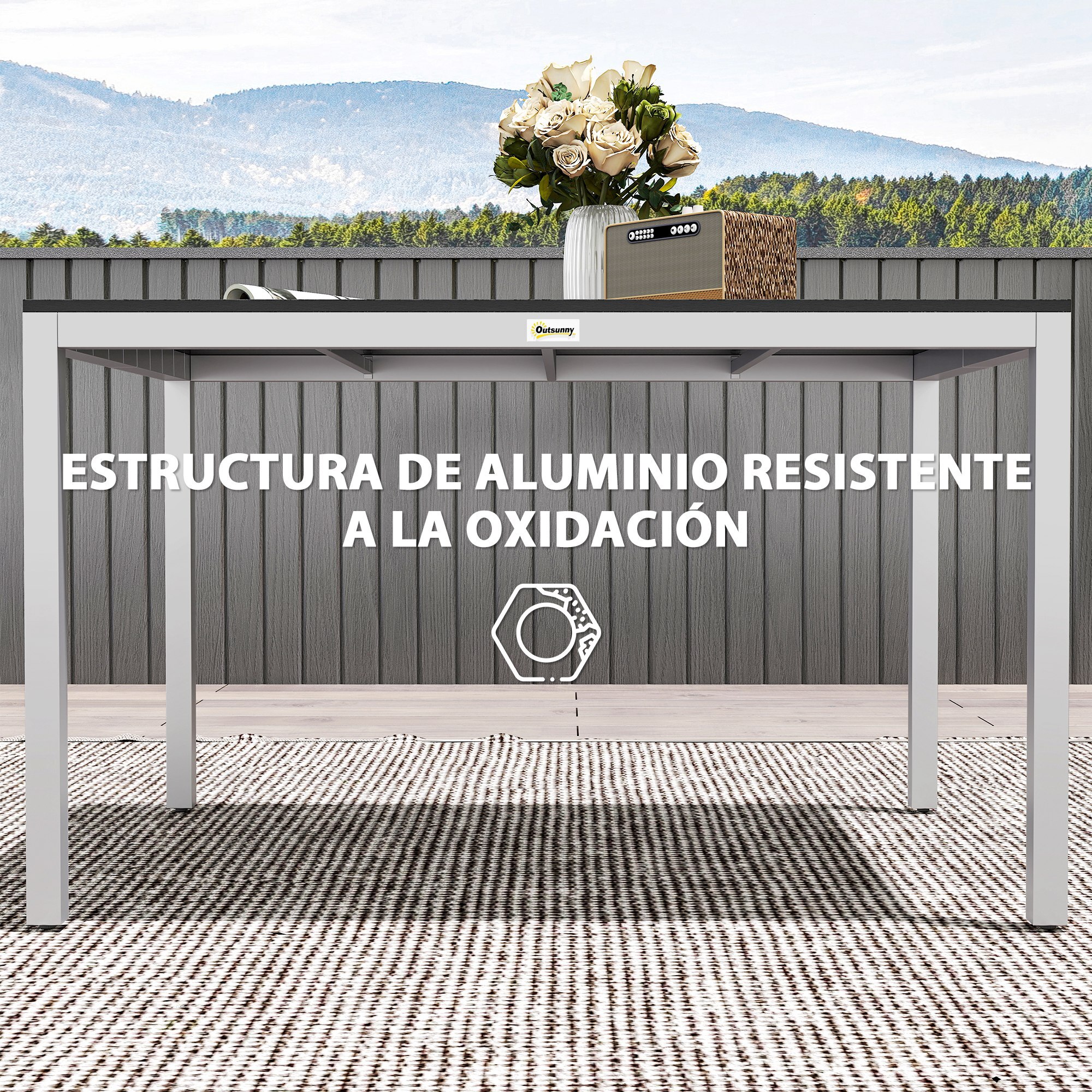 Mesa de Comedor de Jardín Rectangular Mesa de Terraza Exterior 120x90x72 cm con Estructura de Aluminio Imitación Madera y Encimera de Listones Carga 50 kg para Patio Balcón Negro