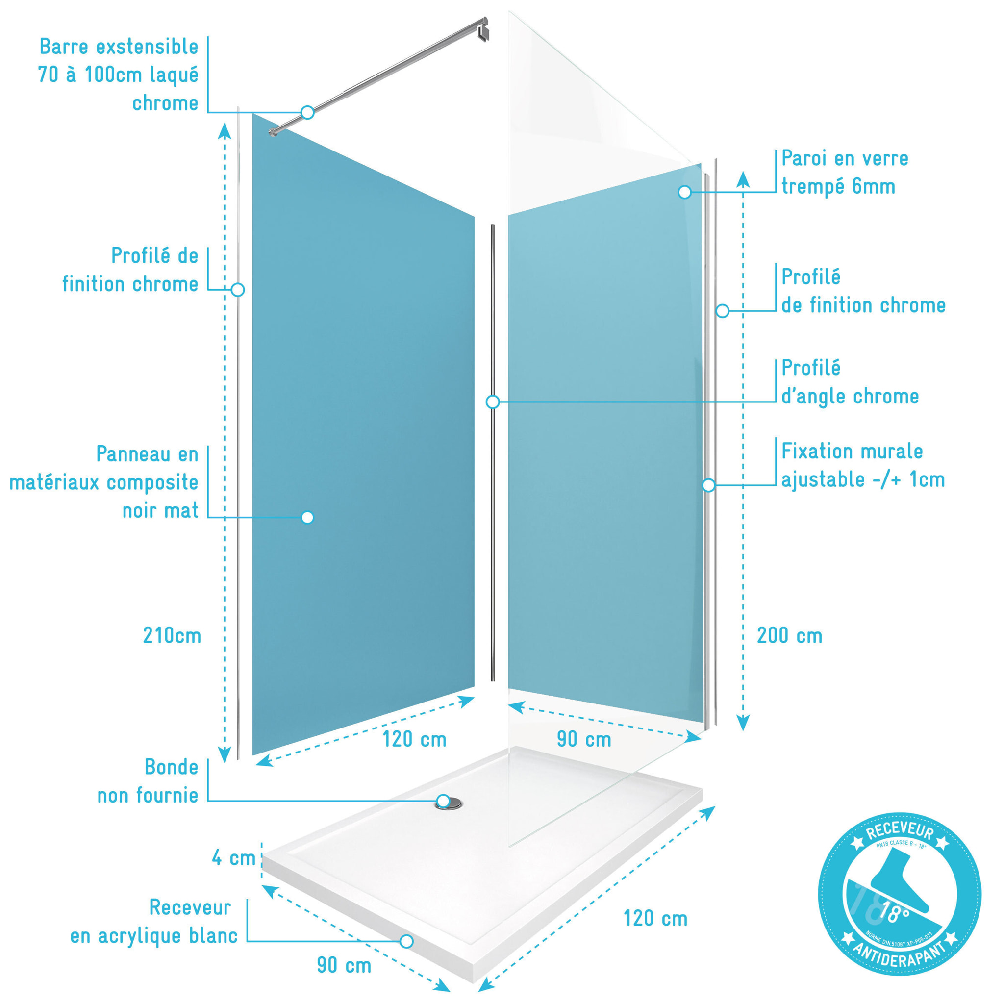 Pack Douche a l'Italienne 90x120 - Kit Panneaux Muraux Bleu/Chrome + Receveur + Paroi 6 mm