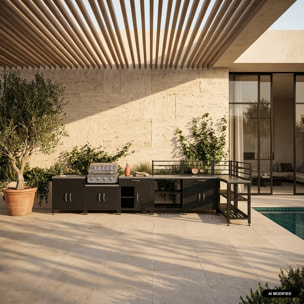 Cuisine d'extérieure 7 modules avec barbecue gaz 4 brûleurs sur pieds, thermomètre GRIMAUD BARBECUE GAZ + 7 MODULES
