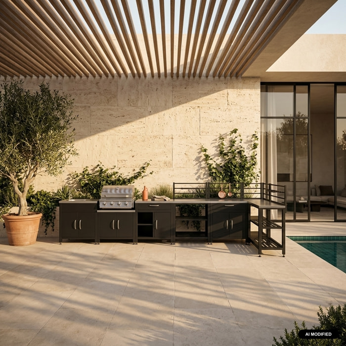 Cuisine d'extérieure 7 modules avec barbecue gaz 4 brûleurs sur pieds, thermomètre GRIMAUD BARBECUE GAZ + 7 MODULES