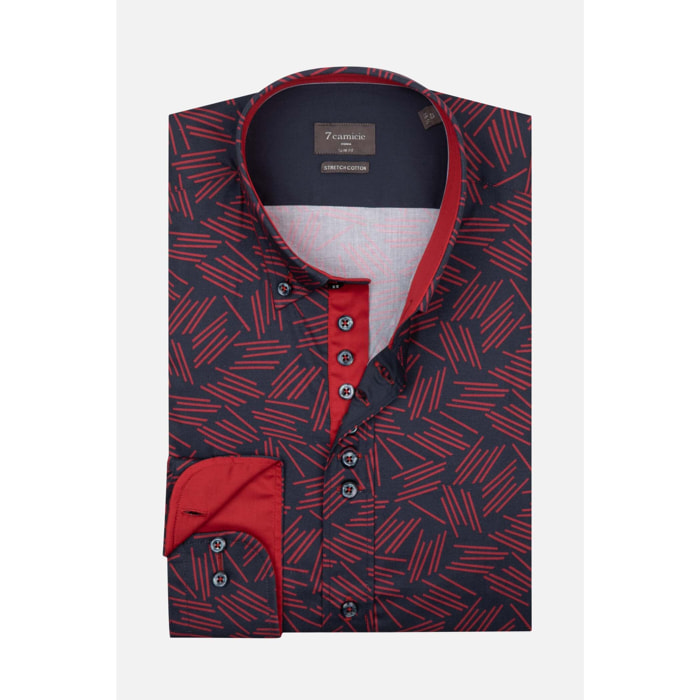 Camicia Uomo 1 Bottoni Button Down Slim Popeline Stretch Stampato Blu\Rosso