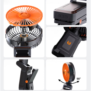 Ventilador A20 con motor sin escobillas, LED con 11 luces, 4 velocidades y 3 niveles de luz. Oscilación de 90º y ángulo ajustable de 180º con pinza de sujeción y 5200mAh.