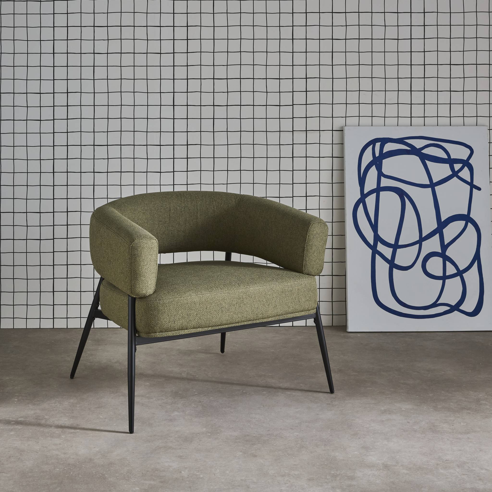 Fauteuil tissu kaki dossier incurvé piétement métal L 81.5 x P 72.5 x H 69 cm - Cristo