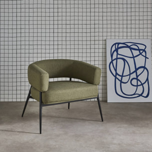 Fauteuil tissu kaki dossier incurvé piétement métal L 81.5 x P 72.5 x H 69 cm - Cristo