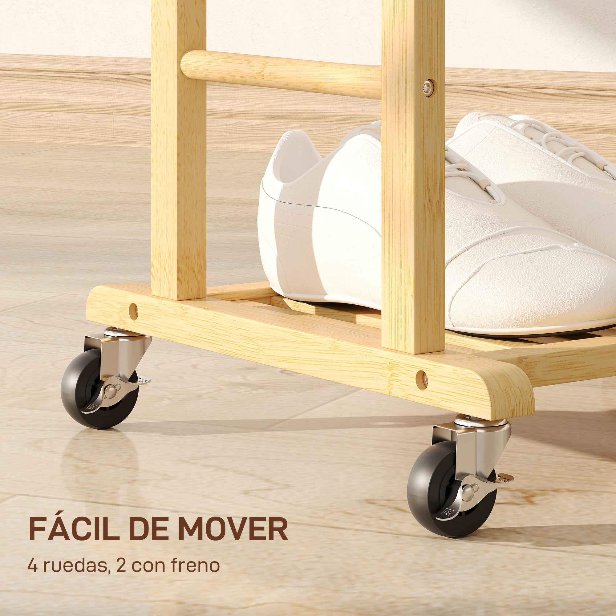 Galán de Noche de Bambú, Perchero con Ruedas, Colgadores de Ropa, Barras para Pantalones, Bandeja y Zapatero, Perchero Burro para Dormitorio, Pasillo, 47x33,7x105,5 cm, Natural