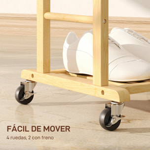 Galán de Noche de Bambú, Perchero con Ruedas, Colgadores de Ropa, Barras para Pantalones, Bandeja y Zapatero, Perchero Burro para Dormitorio, Pasillo, 47x33,7x105,5 cm, Natural