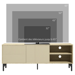 Meuble TV banc TV design Urban Craft - 2 portes, 2 étagères, 2 niches - piètement acier noir - aspect chêne clair