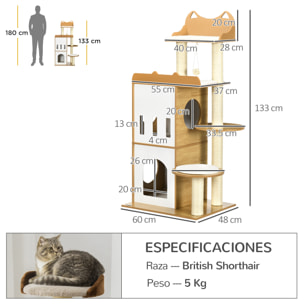 Árbol Rascador para Gatos 133 cm Torre para Gatos Rascador para Gatos con Cuevas Plataformas Bola Colgante y Postes de Sisal 60x48x133 cm Roble