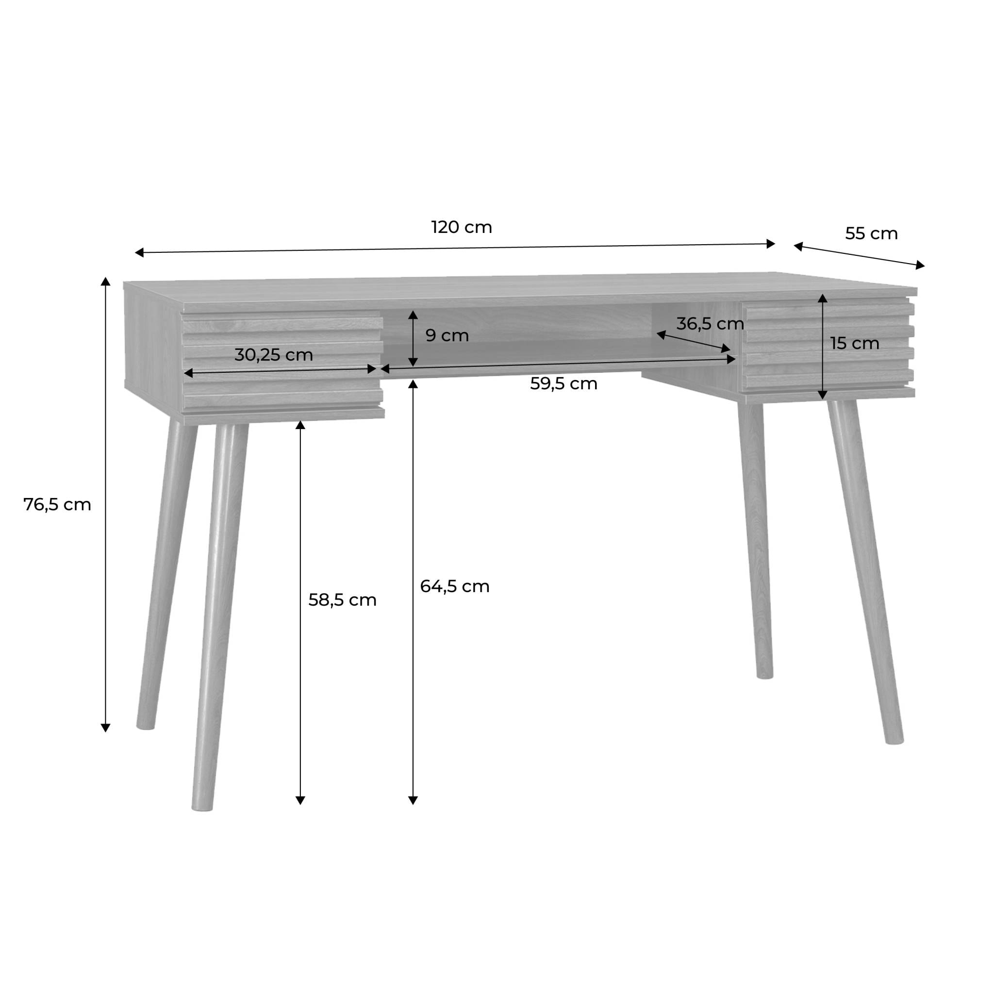 Bureau effet bois 2 tiroirs MADERE noyer. 1 casier. façade rainurées. 120 x 55 x 76.5 cm