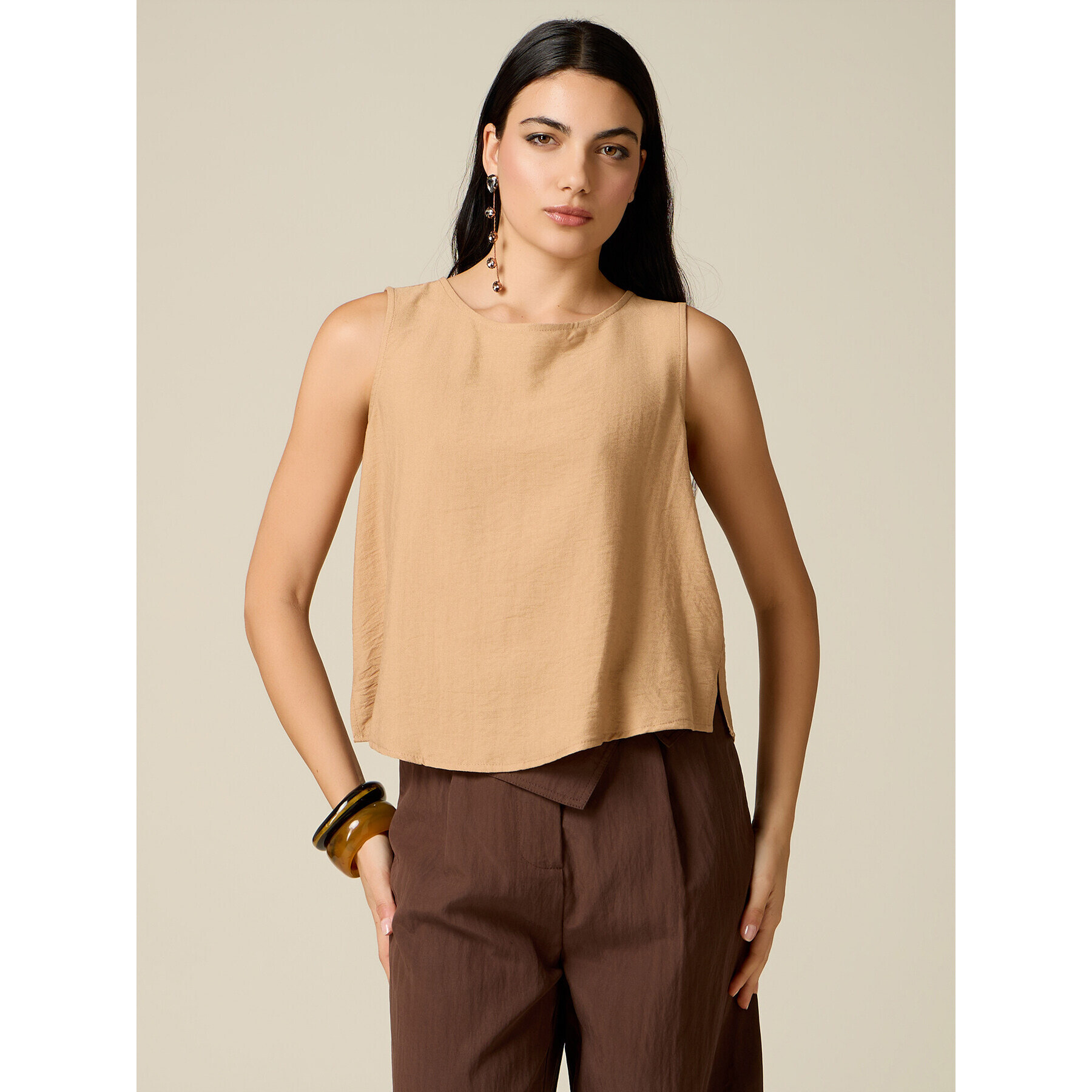 Oltre - Top cropped misto viscosa - Beige