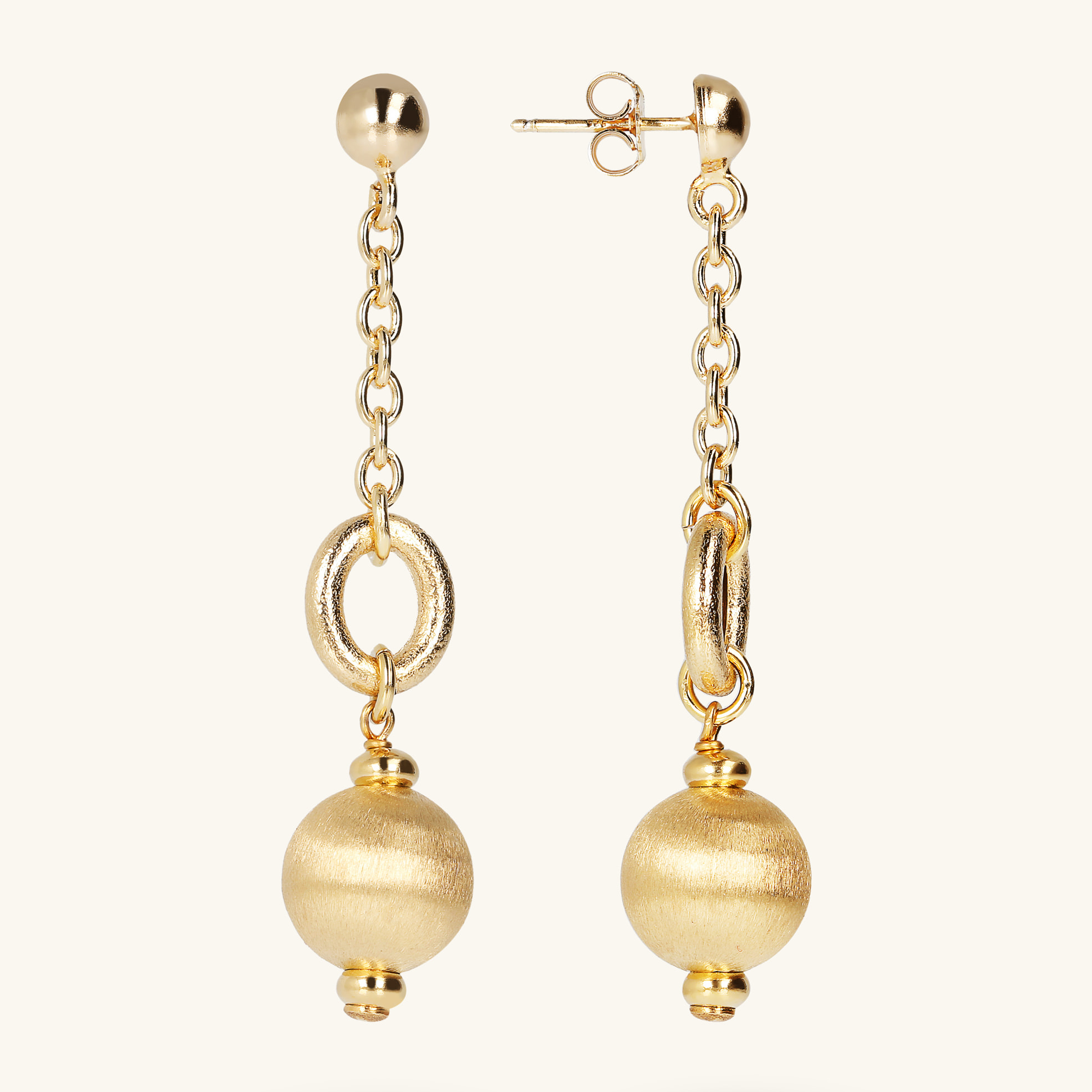 Orecchini Pendenti a Filo Catena Rolo e Sfera Satinata