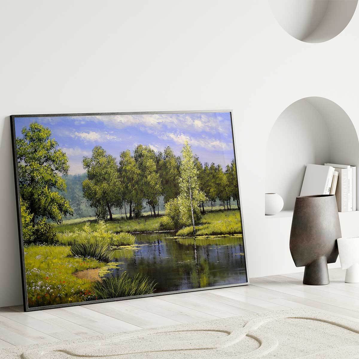 Affiche encadrée Prairie avec rivière Affiche + cadre en métal - Noir