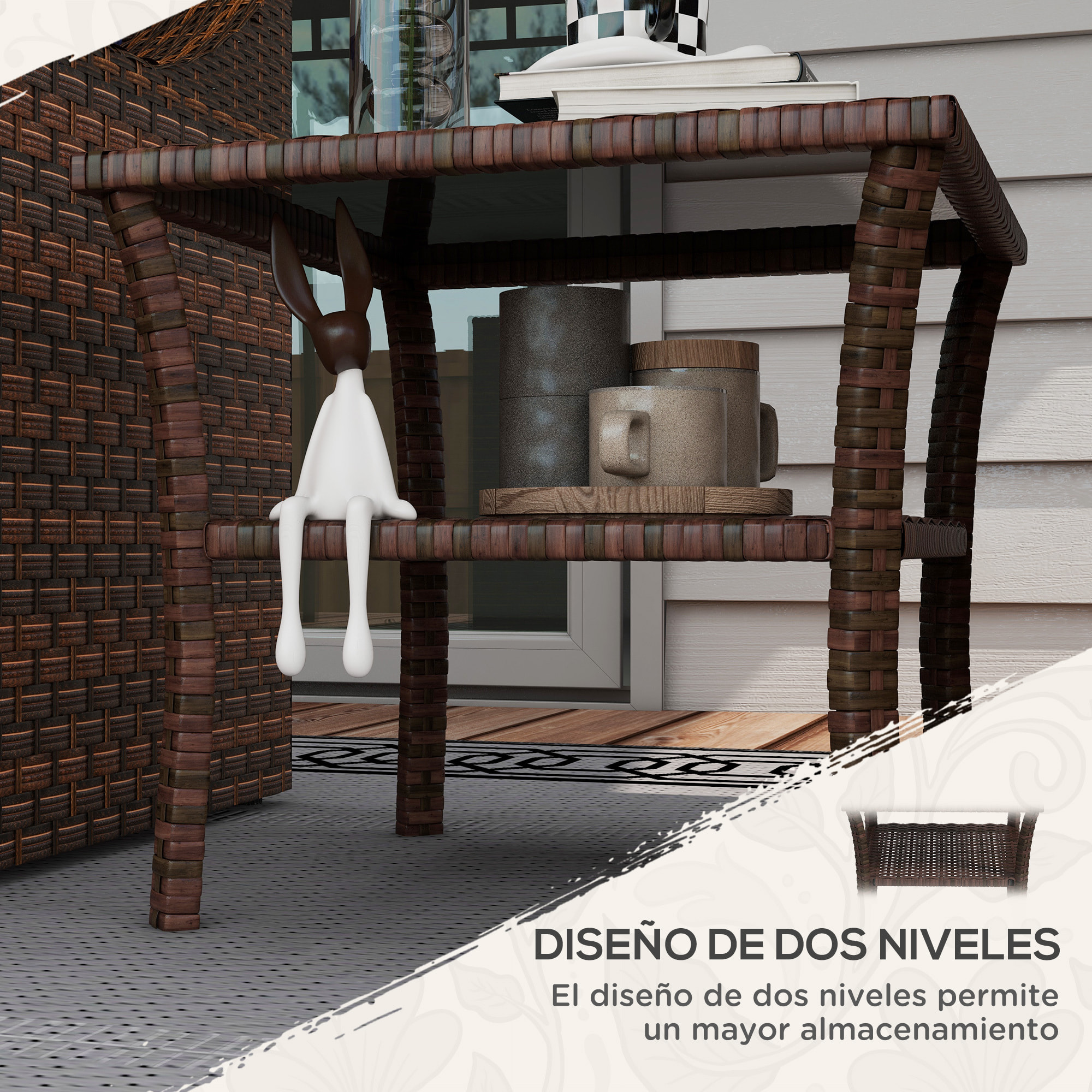 Mesa de Ratán Sintético Cuadrada 50x50x45 cm Mesa de Jardín con Estante Encimera de Vidrio y Marco de Acero Carga 30 kg para Terraza Patio Marrón