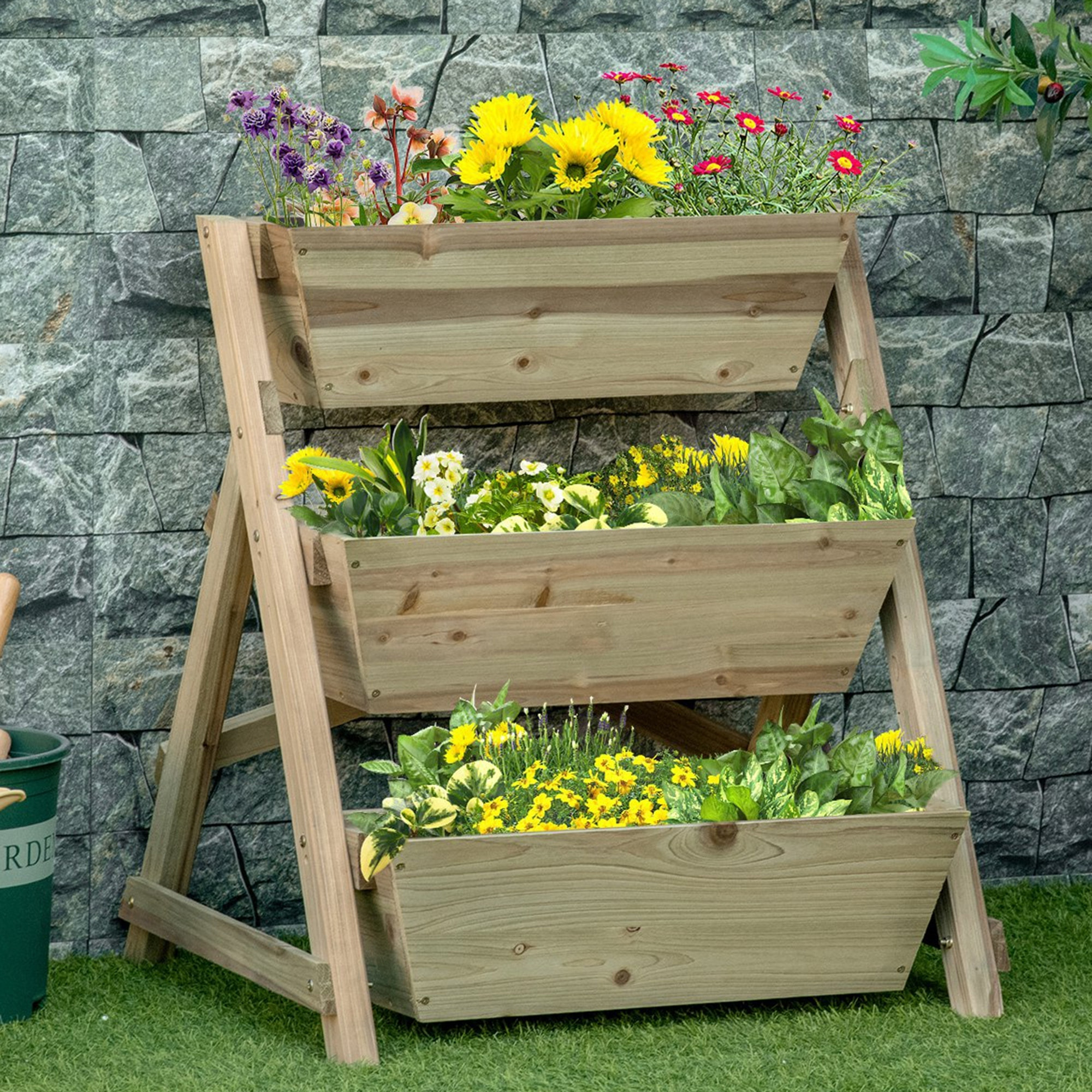 Jardinera de Escalera de 3 Pisos Maceteros de Madera con Tela no Tejida y Orificios de Drenaje Huerto Urbano para Plantas Macetas Flores Jardín 71x61x77 cm Natural