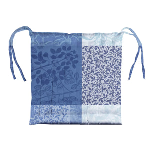 Galette de chaise pur coton enduit motif jacquard Mille rameaux bleu