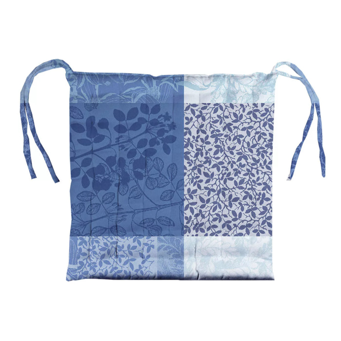 Galette de chaise pur coton enduit motif jacquard Mille rameaux bleu
